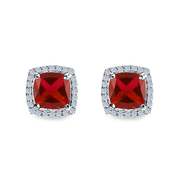Cushion Cut Stud Earrings Simulated Garnet CZ 925 Sterling Silver